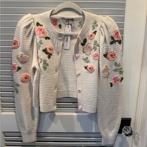 Alice + Olivia Cream Cardigan with Pink Floral Embroidery
